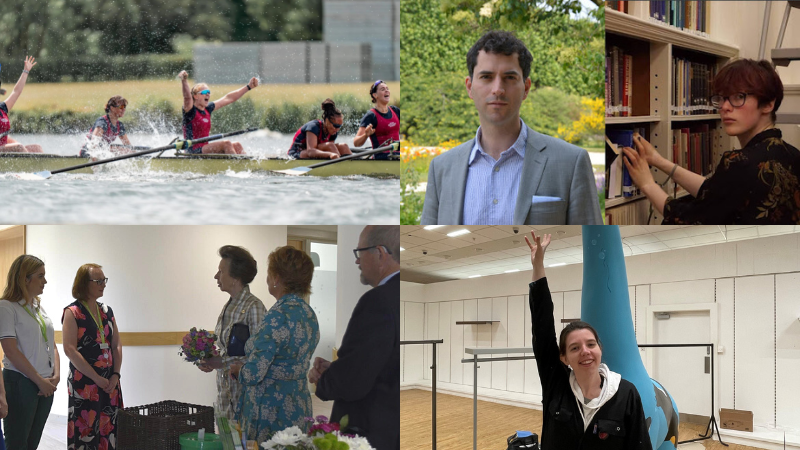 Four pictures in one: students rowing, student with giraffe sculpture, student meeting The Princess Royal, two students who won a legal mooting competition